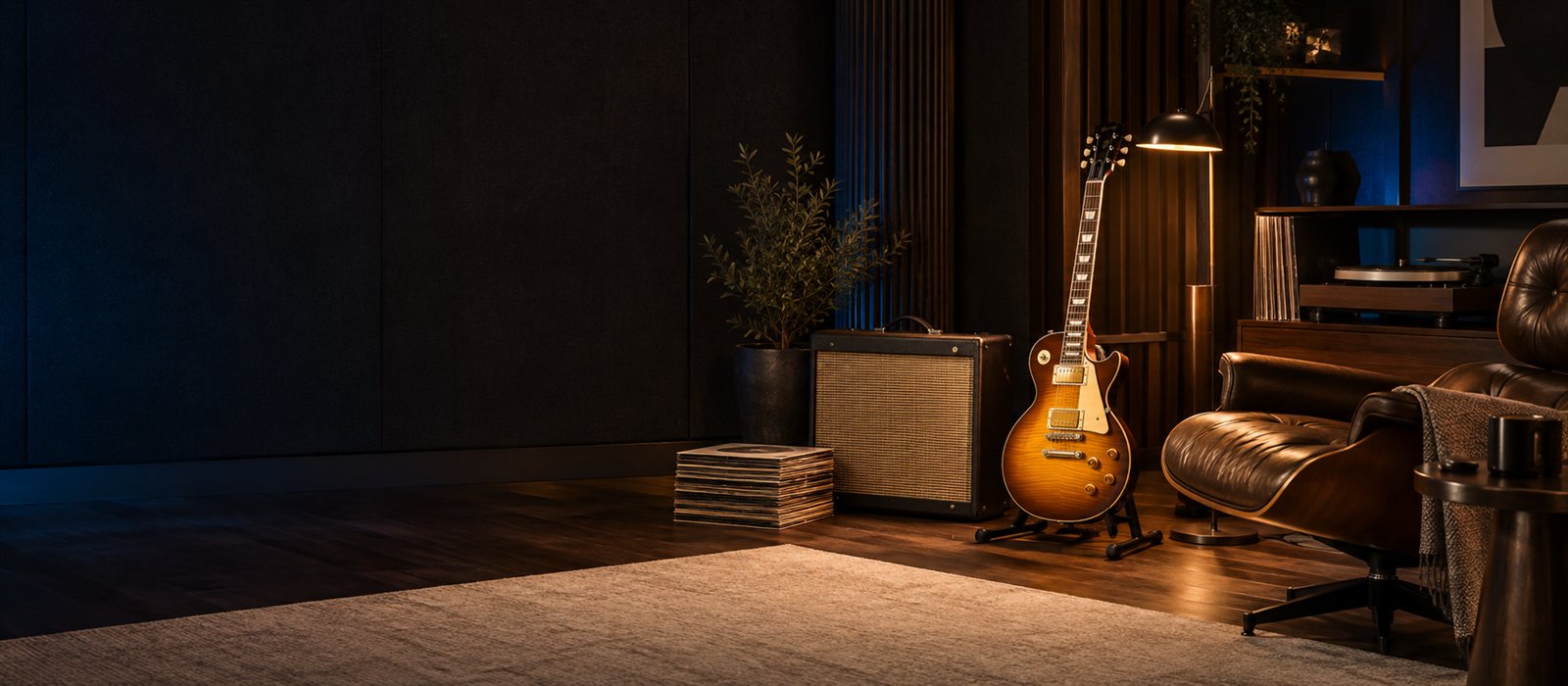 Electric guitar in a dark editorial setting